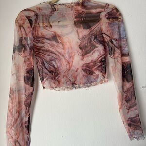 Neutral Tomes Marble Print Sheer Long Sleeve Mesh Top